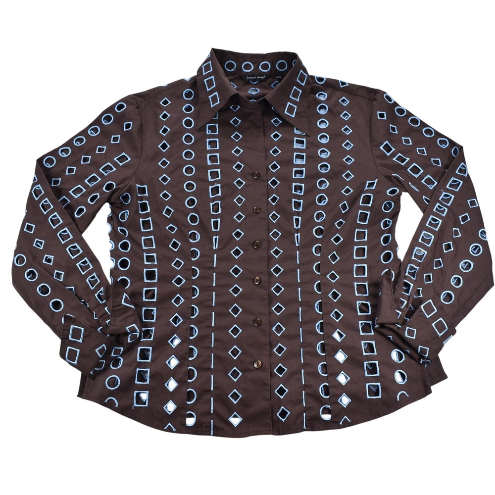 Samuel Dong Brown Cotton Geometric Eyelet Embroidered Button Down Shirt Size M